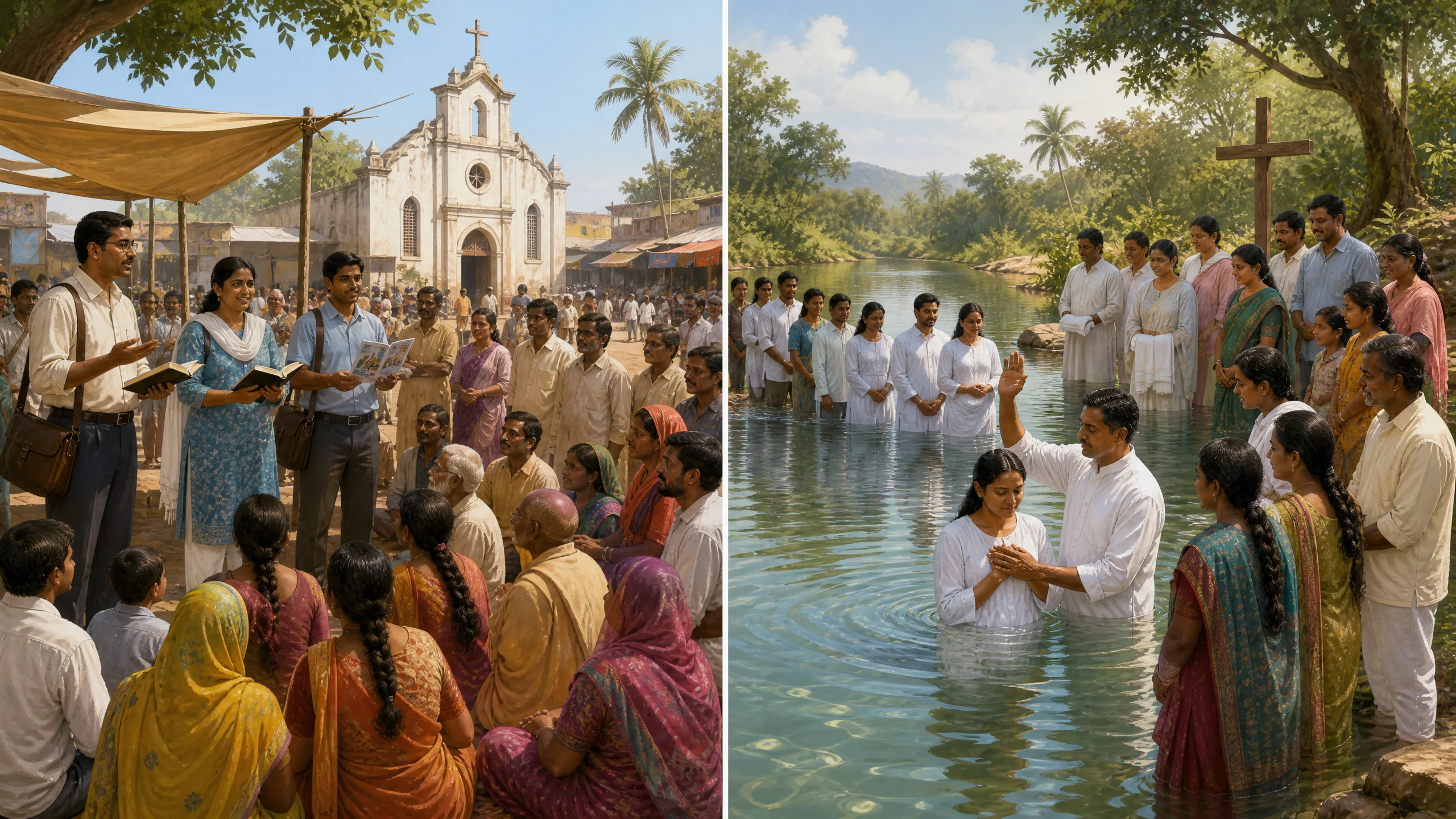 एक ग्रामीण इलाके में मिशनरियों द्वारा ईसाइयत के प्रचार और पानी में सामूहिक बपतिस्मा संस्कार (Baptism) के दृश्यों को दर्शाती एक बंटी हुई तस्वीर.