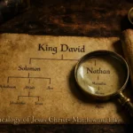 मत्ती और लूका के सुसमाचार के अनुसार ईसा मसीह की वंशावली (genealogy of Jesus Christ) का प्राचीन दस्तावेज और मैग्नीफाइंग ग्लास.
