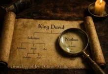 मत्ती और लूका के सुसमाचार के अनुसार ईसा मसीह की वंशावली (genealogy of Jesus Christ) का प्राचीन दस्तावेज और मैग्नीफाइंग ग्लास.