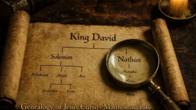 मत्ती और लूका के सुसमाचार के अनुसार ईसा मसीह की वंशावली (genealogy of Jesus Christ) का प्राचीन दस्तावेज और मैग्नीफाइंग ग्लास.