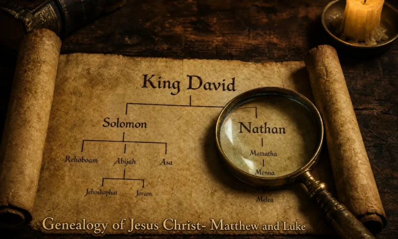 मत्ती और लूका के सुसमाचार के अनुसार ईसा मसीह की वंशावली (genealogy of Jesus Christ) का प्राचीन दस्तावेज और मैग्नीफाइंग ग्लास.