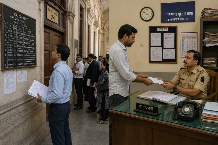 कम्प्लेंट केस और पुलिस केस में अंतर को दर्शाती एक विभाजित तस्वीर, जिसमें बाईं ओर कोर्ट रूम के बाहर जहाँ एक परिवादी (Complainant) कॉज लिस्ट (Cause List)  देख रहा है, वहीं कुछ वकील और मुवक्किल अपनी बारी के इंतजार में खड़े हैं. दायीं ओर, पुलिस स्टेशन के अंदर का दृश्य है जिसमें एक व्यक्ति थाना प्रभारी को शिकायत पत्र सौंपता दिखाई दे रहा है.