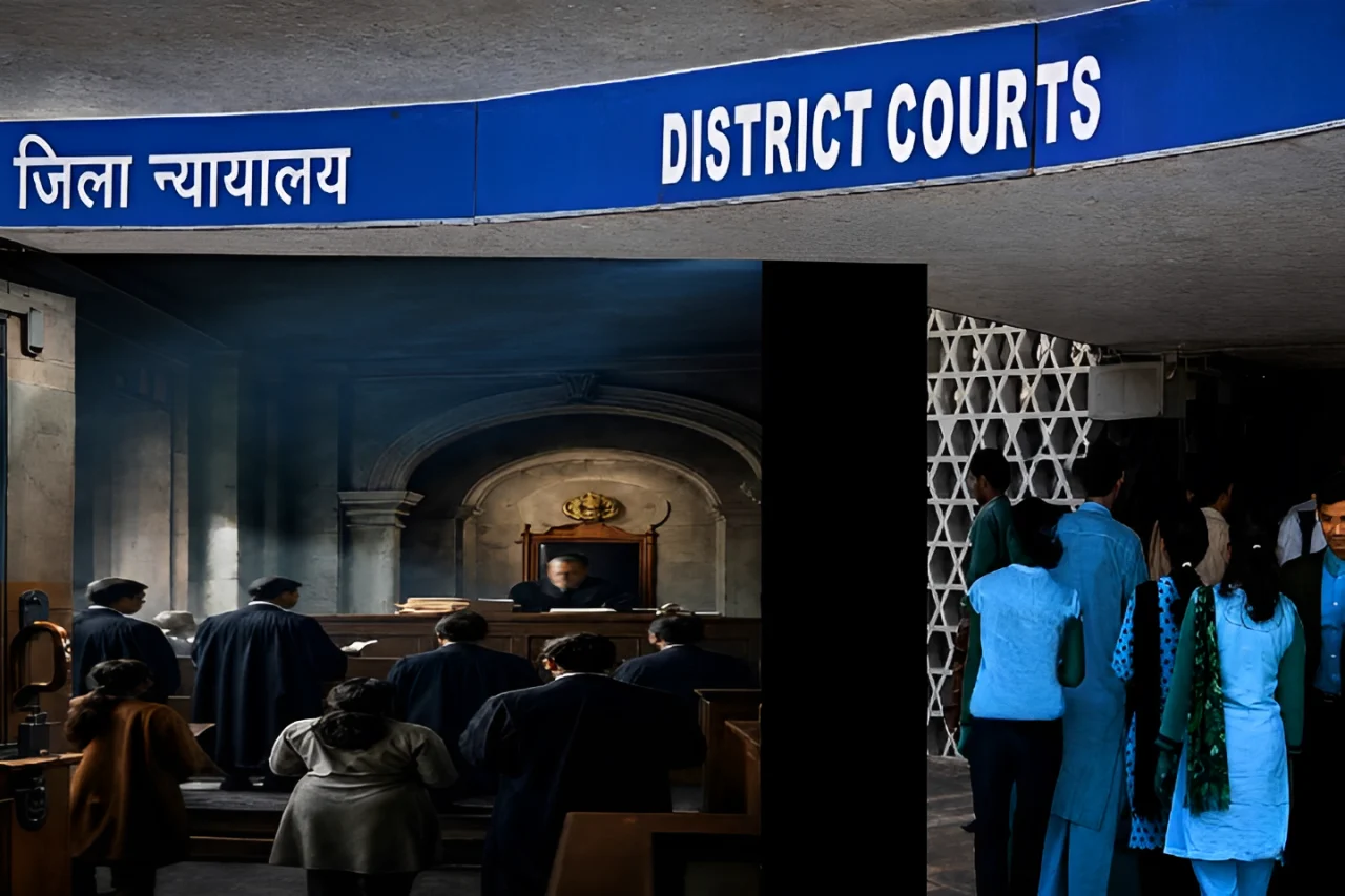 जिला न्यायलय  और उसकी कार्यवाही का दृश्य जिसमें बायीं ओर समन और वारंट जैसी कार्यवाही में जज के सामने मुवक्किल और वकील उपस्थित हैं, और दायीं ओर प्रवेश/निकास द्वार से वादी, प्रतिवादी और वकील न्यायलय भवन में आते-जाते दिखाई दे रहे हैं.