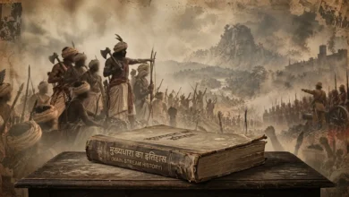 मुख्यधारा के इतिहास (Main-Stream History) की धूल जमी किताब और उसके हाशिये से निकलते 1910 के भूमकाल विद्रोह के महानायक वीर गुंडाधुर और उनके साथियों का ऐतिहासिक दृश्य।