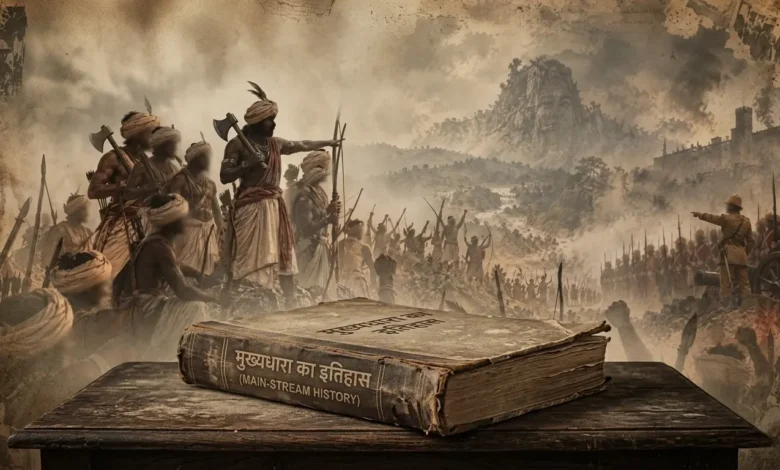 मुख्यधारा के इतिहास (Main-Stream History) की धूल जमी किताब और उसके हाशिये से निकलते 1910 के भूमकाल विद्रोह के महानायक वीर गुंडाधुर और उनके साथियों का ऐतिहासिक दृश्य।