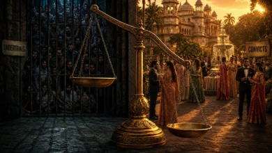 न्याय व्यवस्था के विरोधाभास को दर्शाते एक दृश्य में सामने एक बड़े इंसाफ़ के तराजू का पलड़ा बायीं ओर ऊपर उठा हुआ है, जहाँ जेलखाने के अंदर ठसाठस भरे विचाराधीन (Undertrials) कैदी कष्ट झेल रहे हैं; वहीं, तराजू का दायाँ पलड़ा नीचे झुका हुआ है, जिसकी तरफ सजायाफ्ता (Convicts) लोग स्वतंत्र स्थिति में बाहर जीवन का आनंद ले रहे हैं।