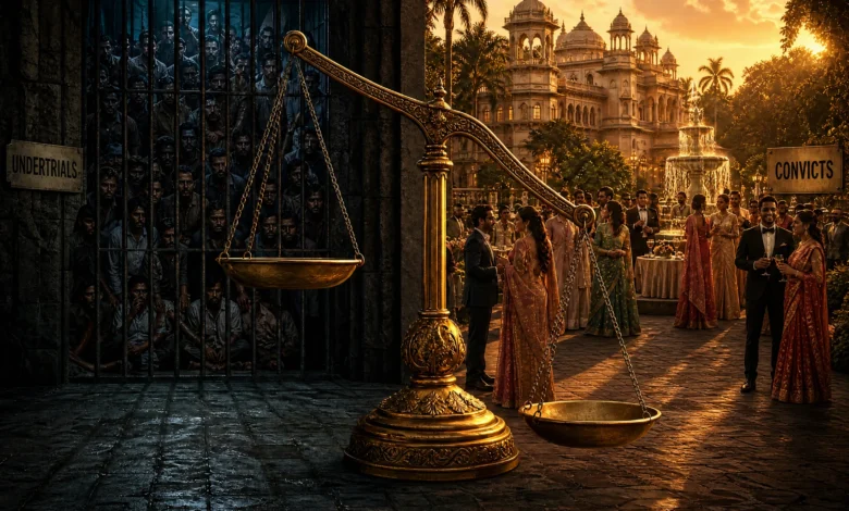 न्याय व्यवस्था के विरोधाभास को दर्शाते एक दृश्य में सामने एक बड़े इंसाफ़ के तराजू का पलड़ा बायीं ओर ऊपर उठा हुआ है, जहाँ जेलखाने के अंदर ठसाठस भरे विचाराधीन (Undertrials) कैदी कष्ट झेल रहे हैं; वहीं, तराजू का दायाँ पलड़ा नीचे झुका हुआ है, जिसकी तरफ सजायाफ्ता (Convicts) लोग स्वतंत्र स्थिति में बाहर जीवन का आनंद ले रहे हैं।