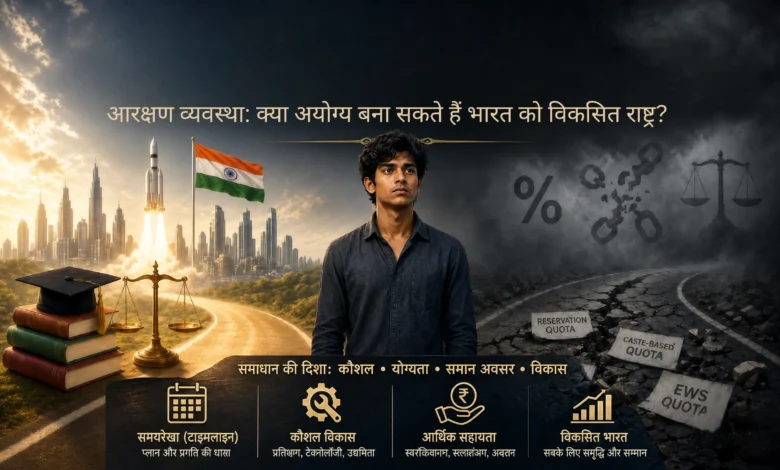 एक पोस्टर में विचारमग्न युवक खड़ा है, जिसके ऊपरी हिस्से में 'क्या अयोग्य भारत को विकसित राष्ट्र बना सकते हैं?’, और निचले हिस्से में समाधान- 'कौशल, योग्यता, आर्थिक सहायता और समान अवसर' लिखा है. वहीं, दायीं तरफ आधुनिक शहर, सेटेलाईट, किताबें और संतुलित तराजू है, जो योग्यता को दर्शाता है, जबकि बायीं तरफ अंधकार, टूटी जंजीरें और जमीन पर बिखरे "Reservation", "Caste-Based" और "EWS Quota" के पत्थर हैं, जो आरक्षण व्यवस्था में विकसित भारत के सपनों पर सवाल खड़े करते हैं.