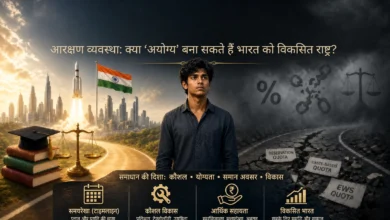 एक पोस्टर में विचारमग्न युवक खड़ा है, जिसके ऊपरी हिस्से में 'क्या अयोग्य भारत को विकसित राष्ट्र बना सकते हैं?’, और निचले हिस्से में समाधान- 'कौशल, योग्यता, आर्थिक सहायता और समान अवसर' लिखा है. वहीं, दायीं तरफ आधुनिक शहर, सेटेलाईट, किताबें और संतुलित तराजू है, जो योग्यता को दर्शाता है, जबकि बायीं तरफ अंधकार, टूटी जंजीरें और जमीन पर बिखरे "Reservation", "Caste-Based" और "EWS Quota" के पत्थर हैं, जो आरक्षण व्यवस्था में विकसित भारत के सपनों पर सवाल खड़े करते हैं.
