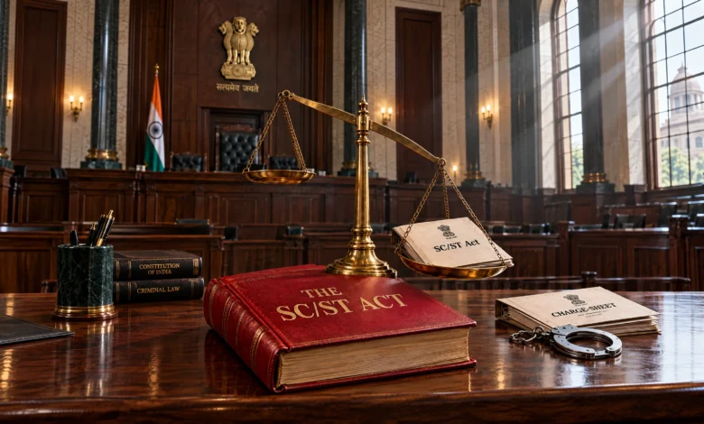 एससी-एसटी एक्ट के प्रावधान के तहत अदालती आपराधिक प्रक्रिया और न्याय के तराजू के पलड़ों की असामान्य स्थिति के जरिए विधायी असंतुलन को दर्शाया गया है।